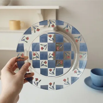 Корейская стеклянная тарелка Ins с цветочным рисунком, Винтажная, Средняя, Античная, Синяя, для торта, для ужина, для хранения на кухне